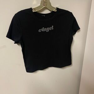 Y2K Ribbed T-Shirt with Rhinestone 'Angel' Large